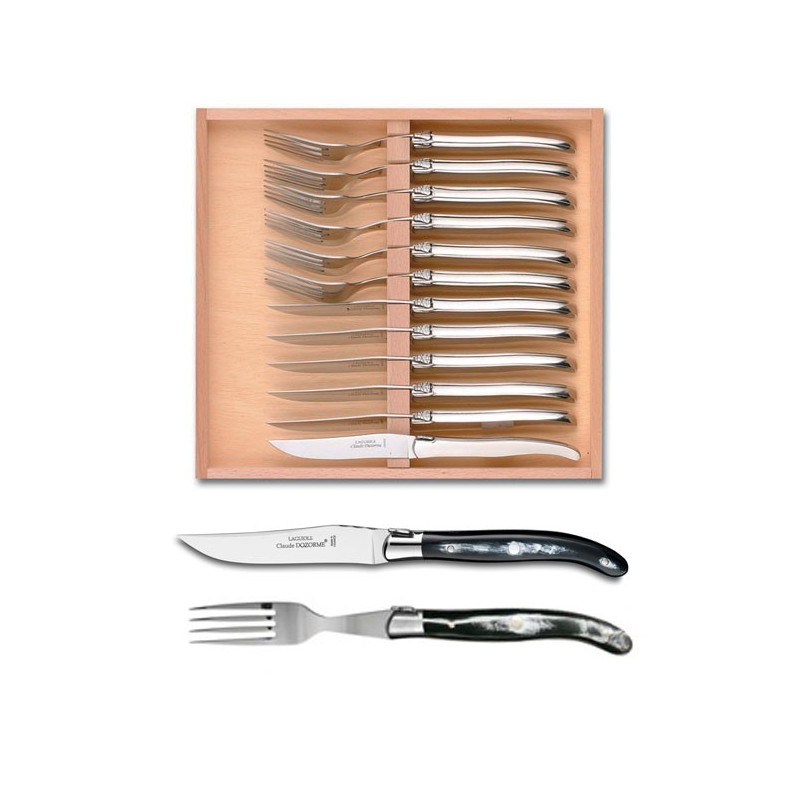Wood box of Laguiole 6 knives + 6 forks stainless steel bolster ivory handle Wood box of Laguiole 6 knives + 6 forks stainless steel bolster ivory handle