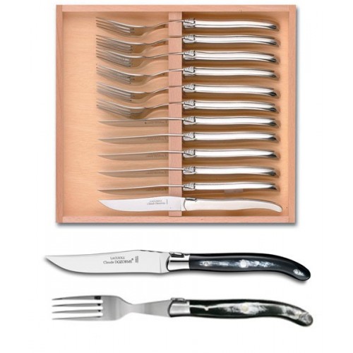 Wood box of Laguiole 6 knives + 6 forks stainless steel bolster ivory handle