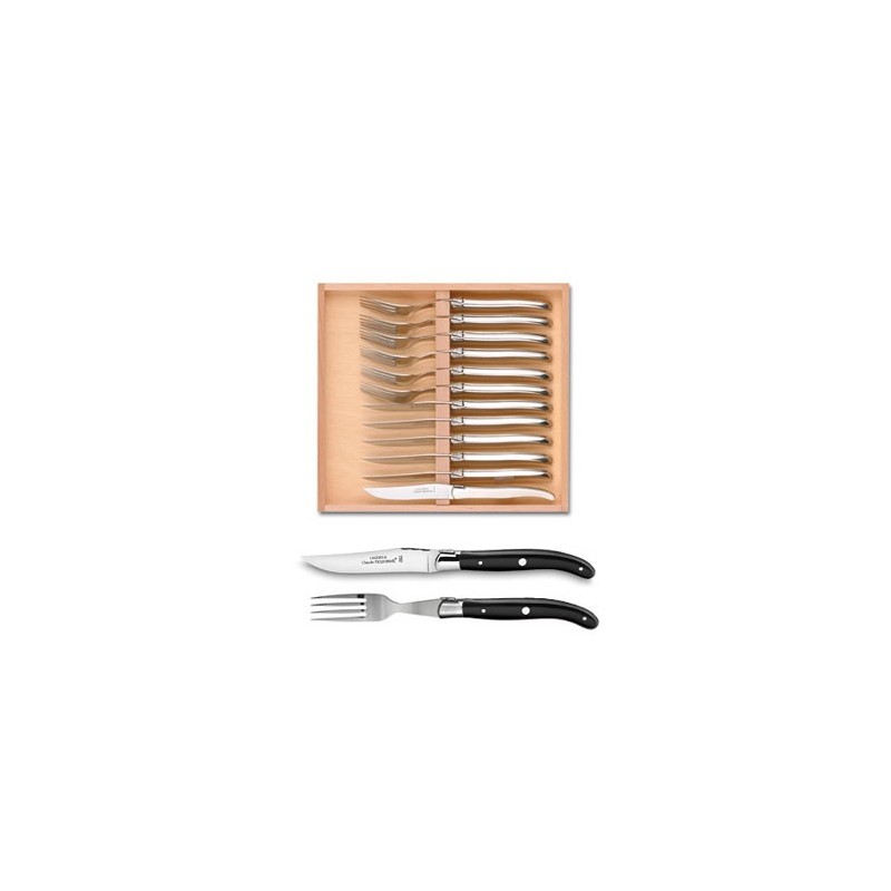 Coffret hêtre 6 couteaux et 6 fourchettes super Laguiole mitre inox manche nacrine ivoirine Coffret hêtre 6 couteaux et 6 fourchettes super Laguiole mitre inox manche nacrine ivoirine