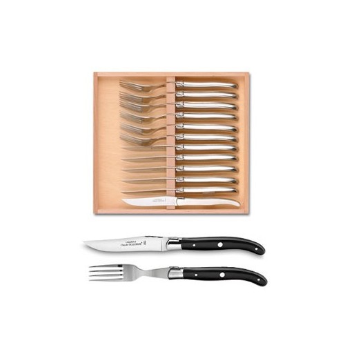Coffret hêtre 6 couteaux et 6 fourchettes super Laguiole mitre inox manche nacrine ivoirine
