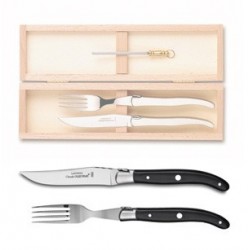 Wood box of 1 Laguiole knife + 1 fork stainless steel bolster ivory handle + 1 small sharpener