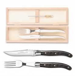 Wood box of 1 Laguiole knife + 1 fork stainless steel bolster ivory handle + 1 small sharpener