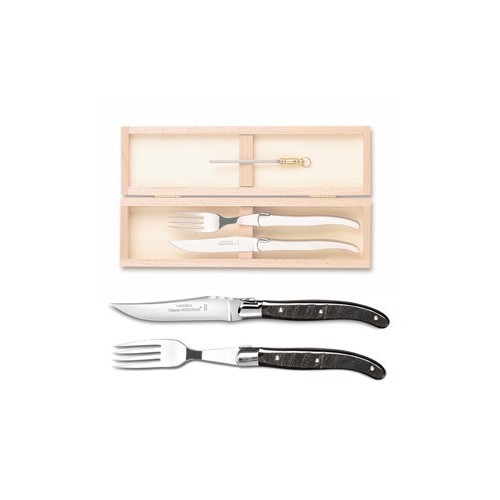 Wood box of 1 Laguiole knife + 1 fork stainless steel bolster ivory handle + 1 small sharpener
