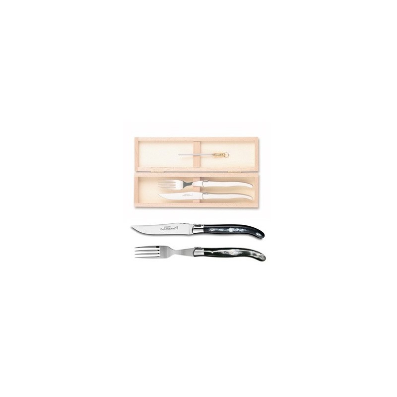 Wood box of 1 Laguiole knife + 1 fork stainless steel bolster ivory handle + 1 small sharpener