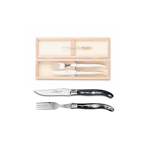Wood box of 1 Laguiole knife + 1 fork stainless steel bolster ivory handle + 1 small sharpener
