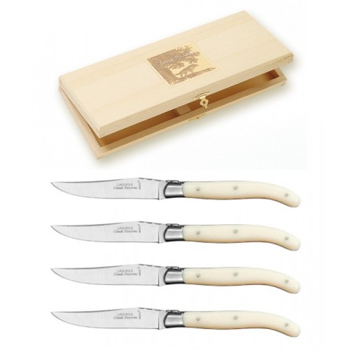 Wood box of 6 Laguiole knives stainless steel bolster Claude Dozorme