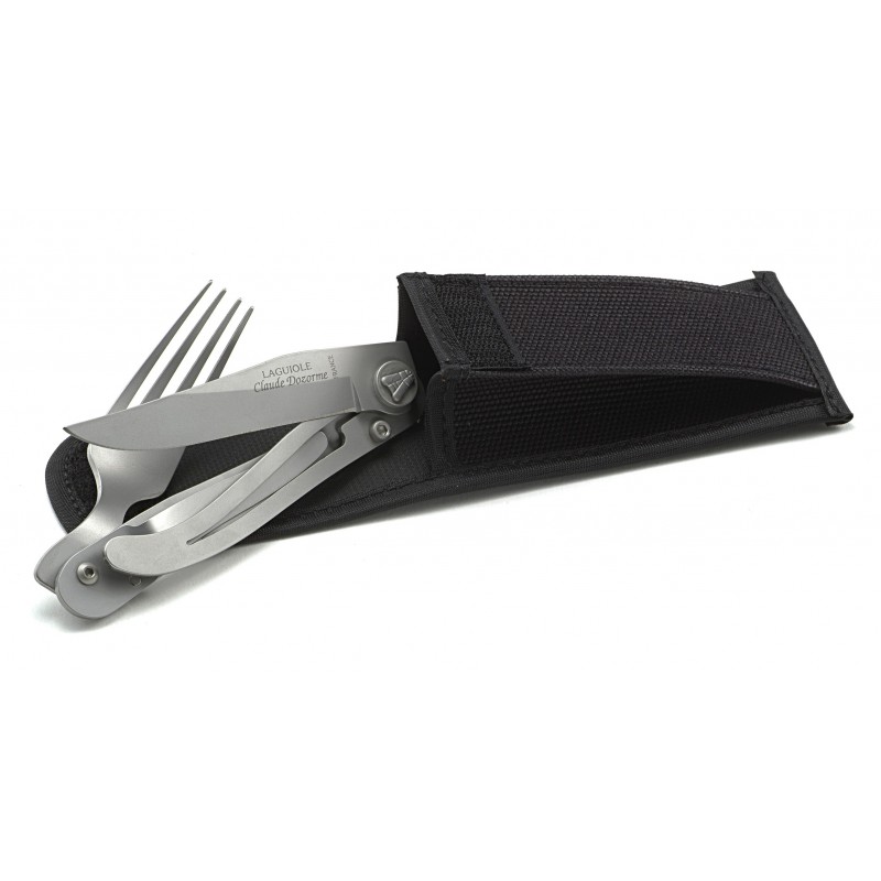 Leather pouch with Laguiole Liner pocket knife + fork
