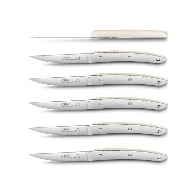 Wood box of 6 Thiers knives plexi handle Claude Dozorme Wood box of 6 Thiers knives plexi handle Claude Dozorme