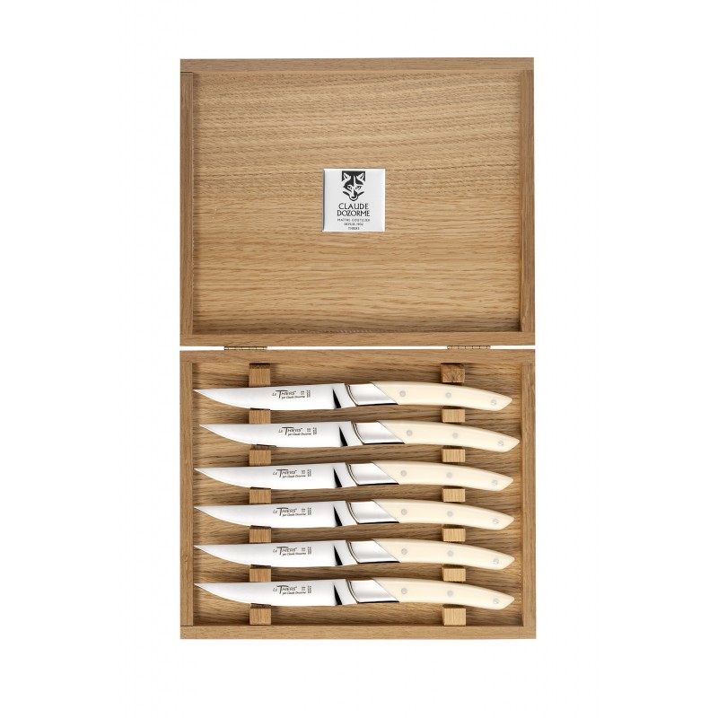 Oak wood box Le Thiers® Art Déco steak knives ivory handle Oak wood box Le Thiers® Art Déco steak knives ivory handle