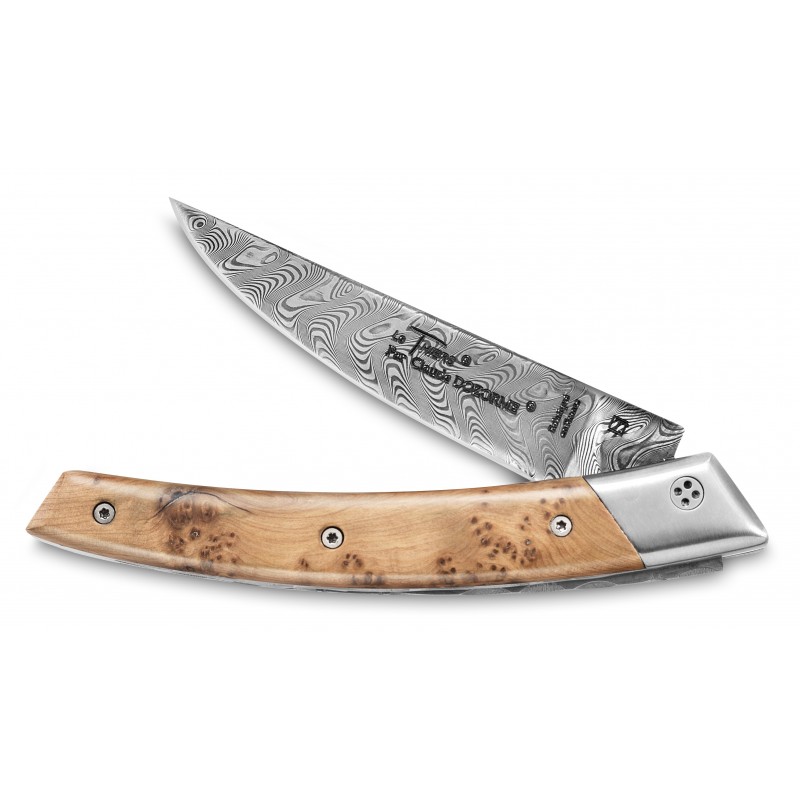 couteau de poche thiers manche bois, genévrer, cade, carbone, Claude DOZORME, roulement à bille, france
