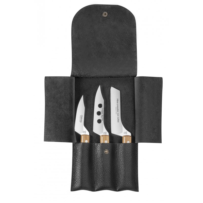 Pochette cuir 3 couteaux pour service du fromage manche olivier