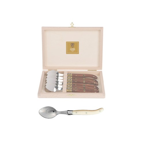 Coffret hêtre 6 cuillères à entremet Laguiole mitre inox manche nacrine