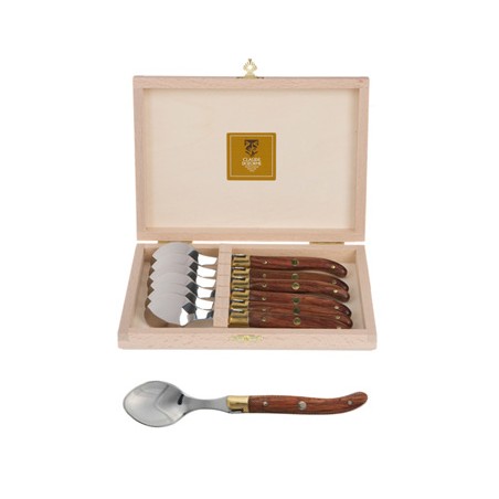 Wood box of 6 Laguiole coffee spoons brass bolster