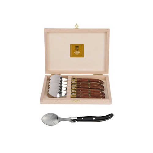 Coffret hêtre 6 cuillères à entremet Laguiole mitre inox manche nacrine
