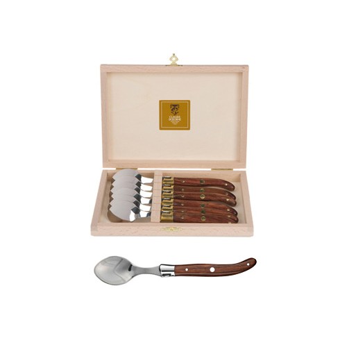 Coffret hêtre 6 cuillères à entremet Laguiole mitre inox manche bois