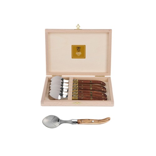 Coffret hêtre 6 cuillères à entremet Laguiole mitre inox manche bois