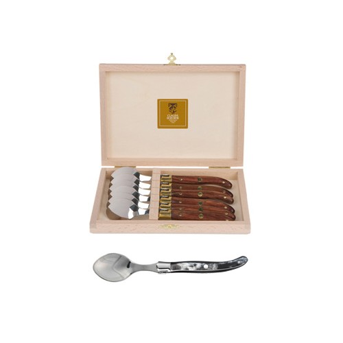 Coffret hêtre 6 cuillères à entremet Laguiole mitre inox manche corne noire