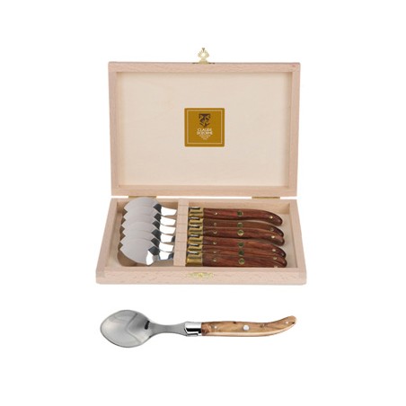 Wood box of 6 Laguiole coffee spoons stainless steel bolster wood handle