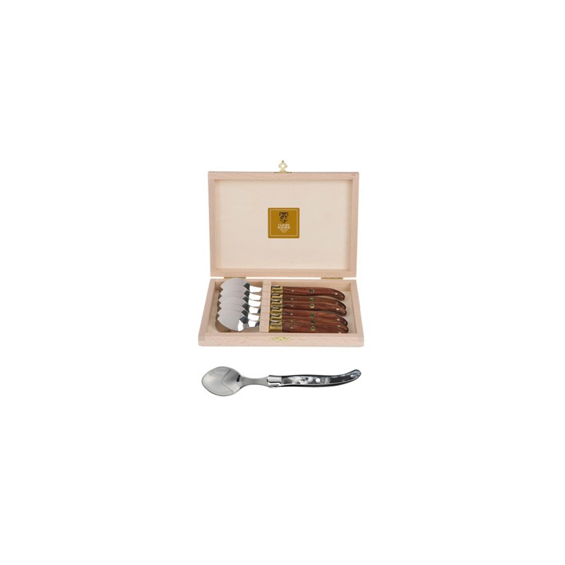 Wood box of 6 Laguiole coffee spoons stainless steel bolster black horn handle
