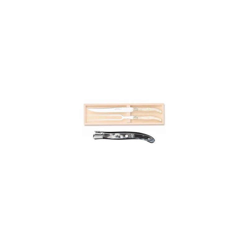 Coffret hêtre service à découper 2 pièces super Laguiole mitre inox manche nacrine ivoirine