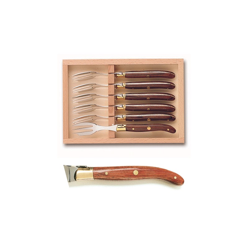 Wood box of 6 Laguiole cake forks brass bolster Wood box of 6 Laguiole cake forks brass bolster