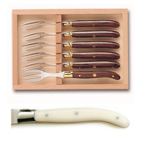 Coffret hêtre 6 fourchettes à gâteaux mitre inox manche nacrine ivoirine