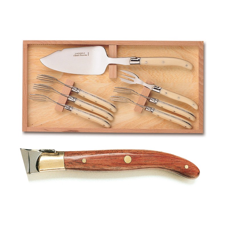 Wood box of 7P Laguiole cake set brass bolster