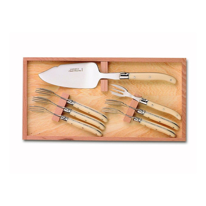 Wood box of 7P Laguiole cake set stainless steel bolster ivory handle
