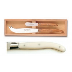 Wood box of Laguiole cheese knife + spreader stainless steel bolster ivory handle