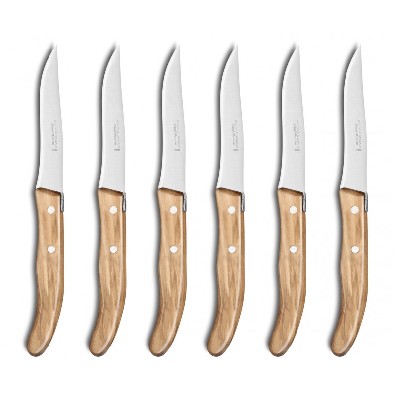 Rack of 6 Grill steak knives exotic wood handle