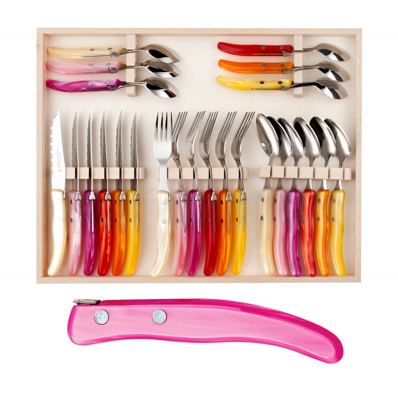 Wood box of 24 pieces berlingot single color resin handle Wood box of 24 pieces berlingot single color resin handle