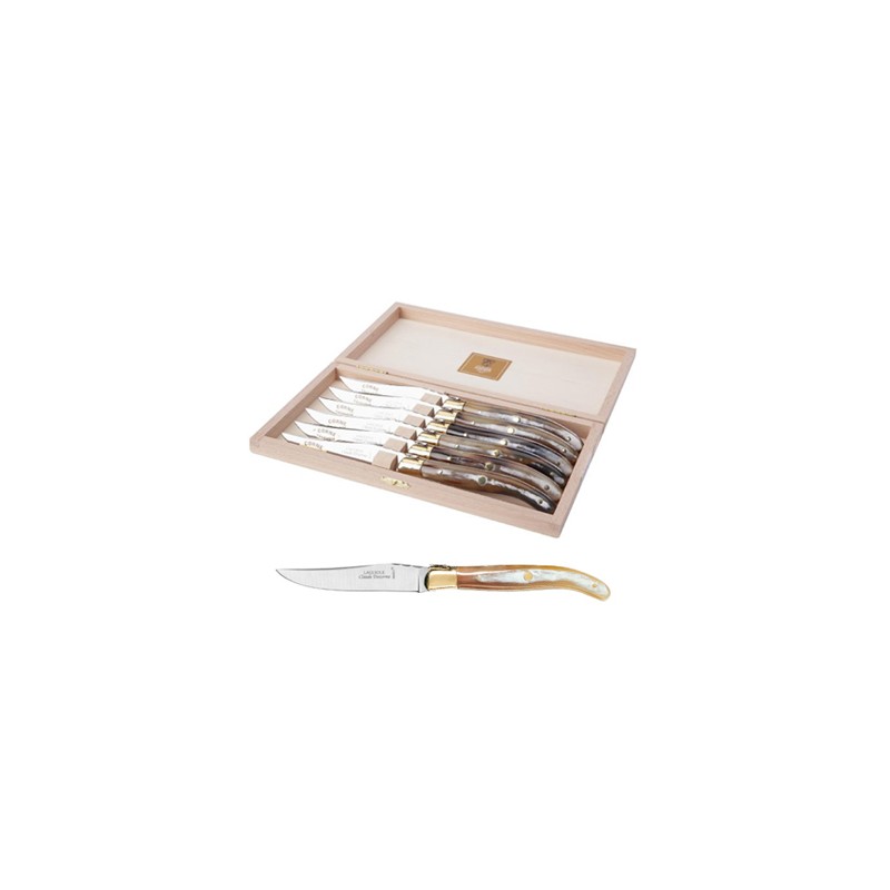Wood box of 6 Laguiole knives brass bolster Wood box of 6 Laguiole knives brass bolster