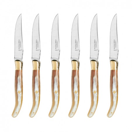 Wood box of 6 Laguiole knives brass bolster Wood box of 6 Laguiole knives brass bolster